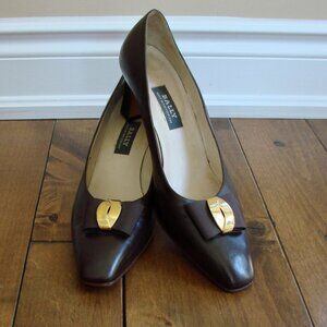 BALLY Brown Leather Pumps Shoes Mid Heel Gold Bow Detail Mosana Office Size 10 M